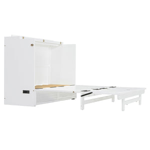 English Elm Full Size Murphy Bed Cabinet with Usb Charging Drawer and Rolling Base for Studios LP000597AAK