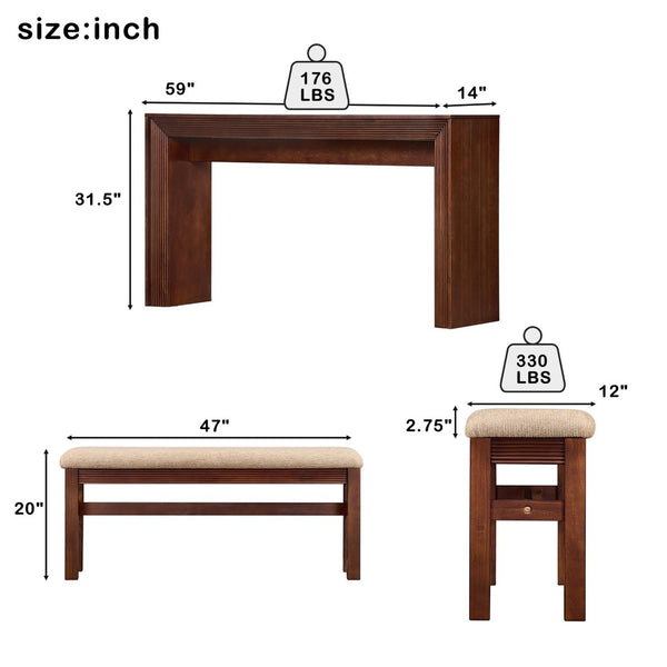 English Elm Fluted Counter Height Dining Set Narrow Bar Console with Upholstered Stool Retro Wood Walnut W1202P330890