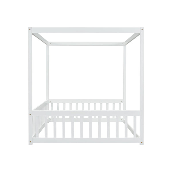 English Elm Full Full Size Canopy Frame Rubber Wood Floor Bed with Fence Guardrails White – Imaginative Kids Retreat, 400 lb Capacity, Malaysian Craftsmanship W504P364861