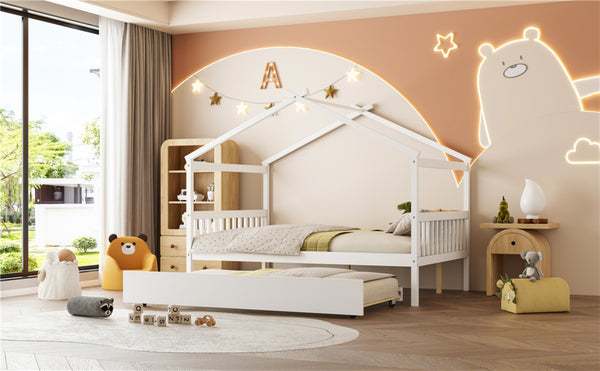 English Elm Full Size House Bed Solid Pinewood Frame with Pull Out Twin Trundle for Kids White LP000305AAK-1