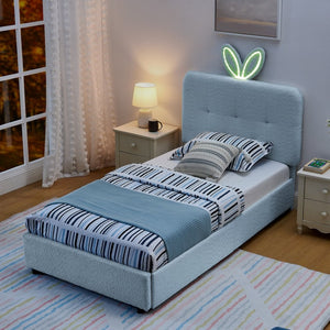 English Elm Twin Kids Boucle Upholstered Bed Rabbit Ear Headboard Led Lighting Four Storage Drawers Navy W1413P384922