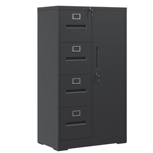 English Elm Metal Storage Vertical Filing Cabinet with 4 Drawers and Side Wardrobe, Steel Ball-Bearing Suspension, Secure Locking Organizer for Home Office and Bedroom Black T2398P272100