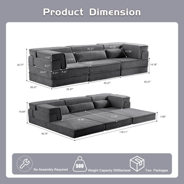 English Elm Compression Oversized Boneless Modular Sofa Bed - Versatile, No Assembly, Memory Foam Comfort In Dark Grey W3723S00021