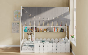 English Elm {slats Are Not Included} Twin Montessori House Floor Bed Kids Tent Lights Shelves Pinewood Frame White N708P407962K