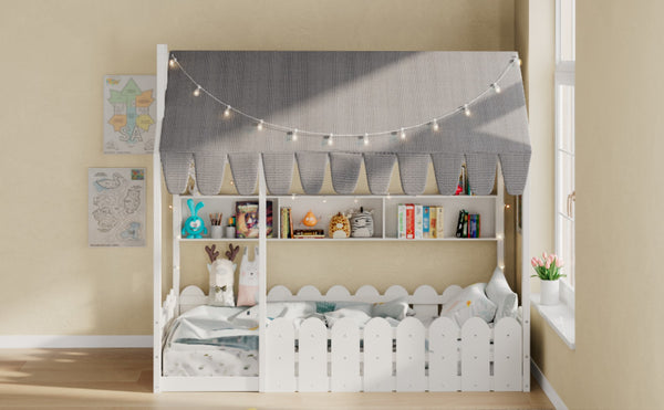 English Elm {slats Are Not Included} Twin Montessori House Floor Bed Kids Tent Lights Shelves Pinewood Frame White N708P407962K