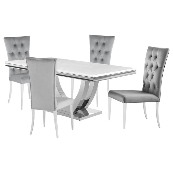 English Elm Allessandra Glam 5-Piece Rectangular Dining Set with Faux Marble Top, Velvet Tufted Chairs & Chrome Base Grey B062S01200