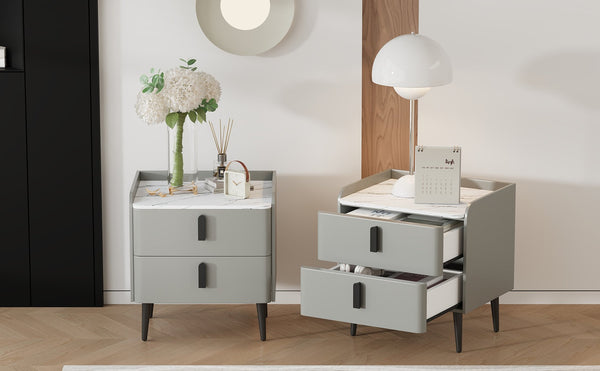 English Elm Nightstands with Marble-Pattern Top and Raised Guard, 2-Drawer Modern Bedside Tables for Storage Elegance Gray 23.4 L x 18.5 W x 9.06 H N733S332142E