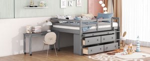 English Elm Full Size Kids Loft Bed Pinewood Frame Dual Study Desks Drawers and Open Shelving Gray LT000369AAE