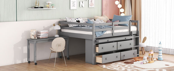 English Elm Full Size Kids Loft Bed Pinewood Frame Dual Study Desks Drawers and Open Shelving Gray LT000369AAE