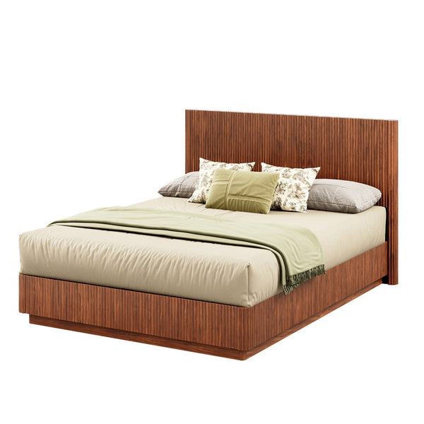 English Elm Queen Bed Frame with Led Lighting Curved Groove Panels and Floating Base Modern Bedroom Walnut W1820S00049