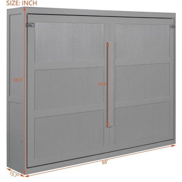 English Elm Queen Murphy Wall Bed with Led Lighting Modern Cabinet Folds Flat for Studio Living Gray LP100973AAE