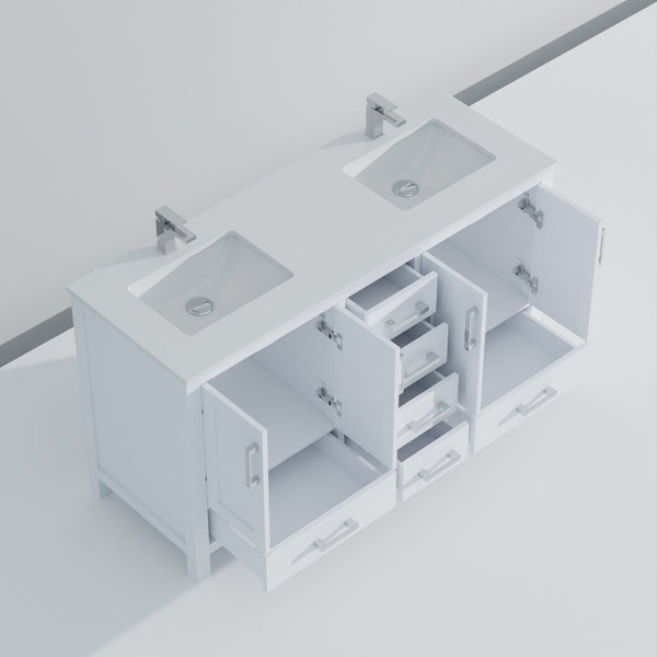 English Elm White Double Bath Vanity With Cultured Marble Top, Ample Storage & Chrome Faucet Set For Elegance B2731P259074-GIGA