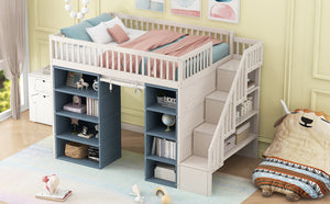 English Elm Full Size Loft Bed With Stylish Storage Cabinets, Privacy Curtain & Multi-Functional Design - White/Blue GX003006AAK
