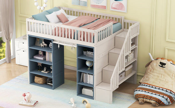 English Elm Full Size Loft Bed With Stylish Storage Cabinets, Privacy Curtain & Multi-Functional Design - White/Blue GX003006AAK