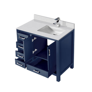 English Elm Navy 36" Bath Vanity with Right Offset White Quartz Top, Soft-Close Drawers, Faucet Included B2731P259056