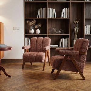English Elm Mid-century Modern Chenille Lounge Chair Set Oak Frame Cloud Silhouette Living Room Rust Red W1170S00049