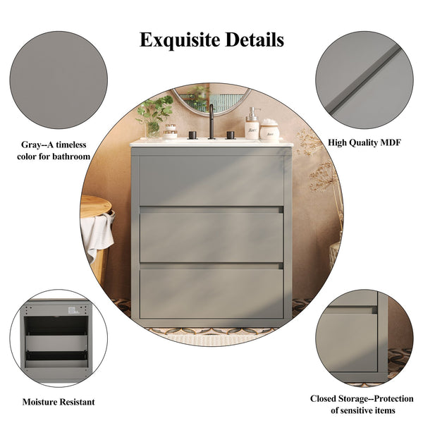 English Elm Christopher Knight Home® - 60" Double Sinks Bathroom Vanity Set with Two Ceramic Basins, Soft-Close Drawers, Sleek Handle-Free Design Gray N817P280550G