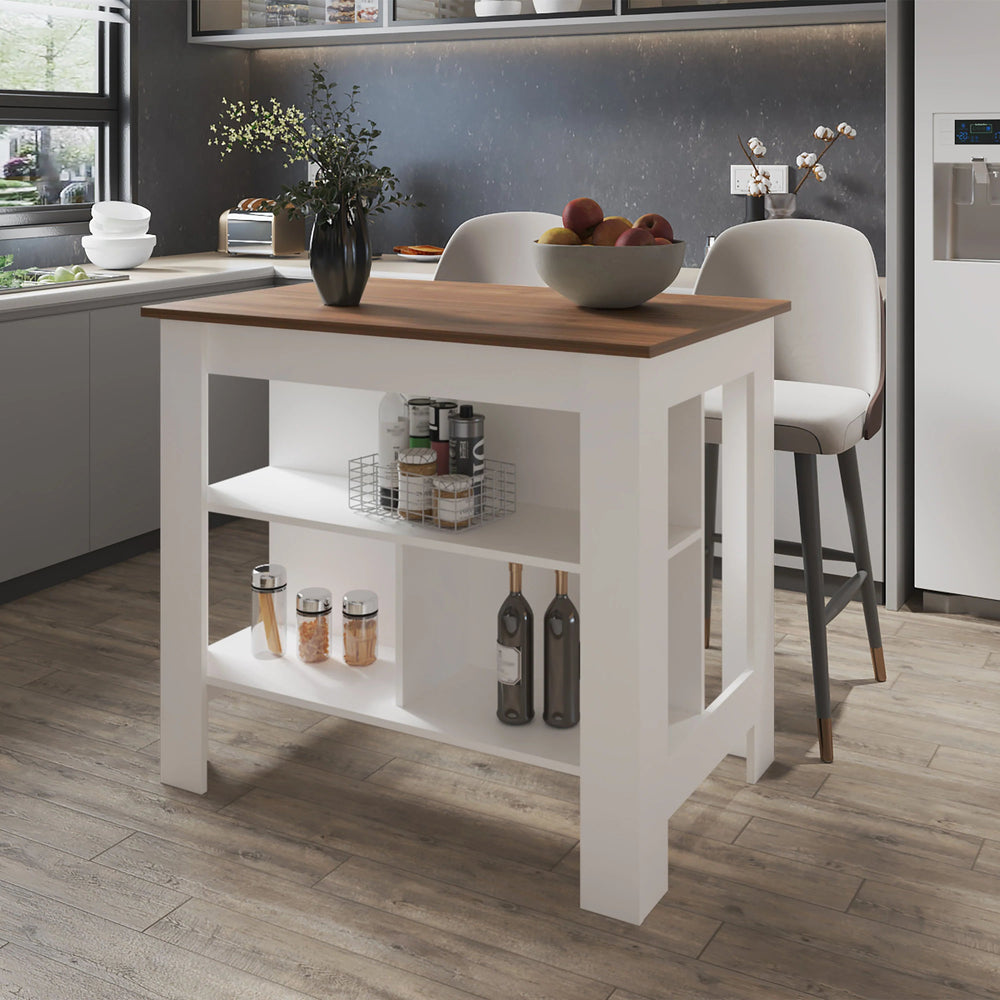 English Elm Mahogany Kitchen Island with Open Shelves and White Accent Finish — Stylish Storage, Display & Prep Space B062P252192