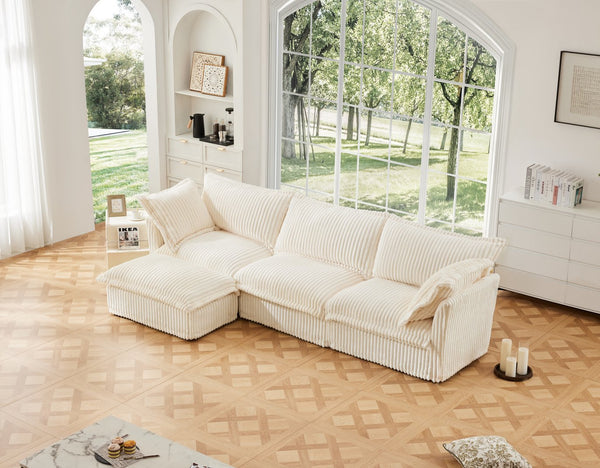 English Elm L-Shaped Slipcovered Sectional Sofa - Plush Corduroy Couch With Convertible Ottoman & Big Pillows W3041S00021