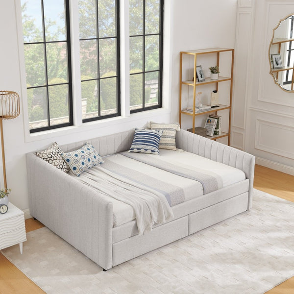 English Elm Queen Size Upholstered Daybed With Trundle & Storage Drawers, Stylish Beige Linen, Comfort & Function W1413S00068-GIGA