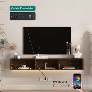 English Elm Floating Wall Mounted Tv Shelf with Led Backlight Gloss Cabinet and Built in Power Strip Wood W1321P391261