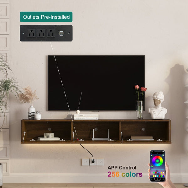 English Elm Floating Wall Mounted Tv Shelf with Led Backlight Gloss Cabinet and Built in Power Strip Wood W1321P391261