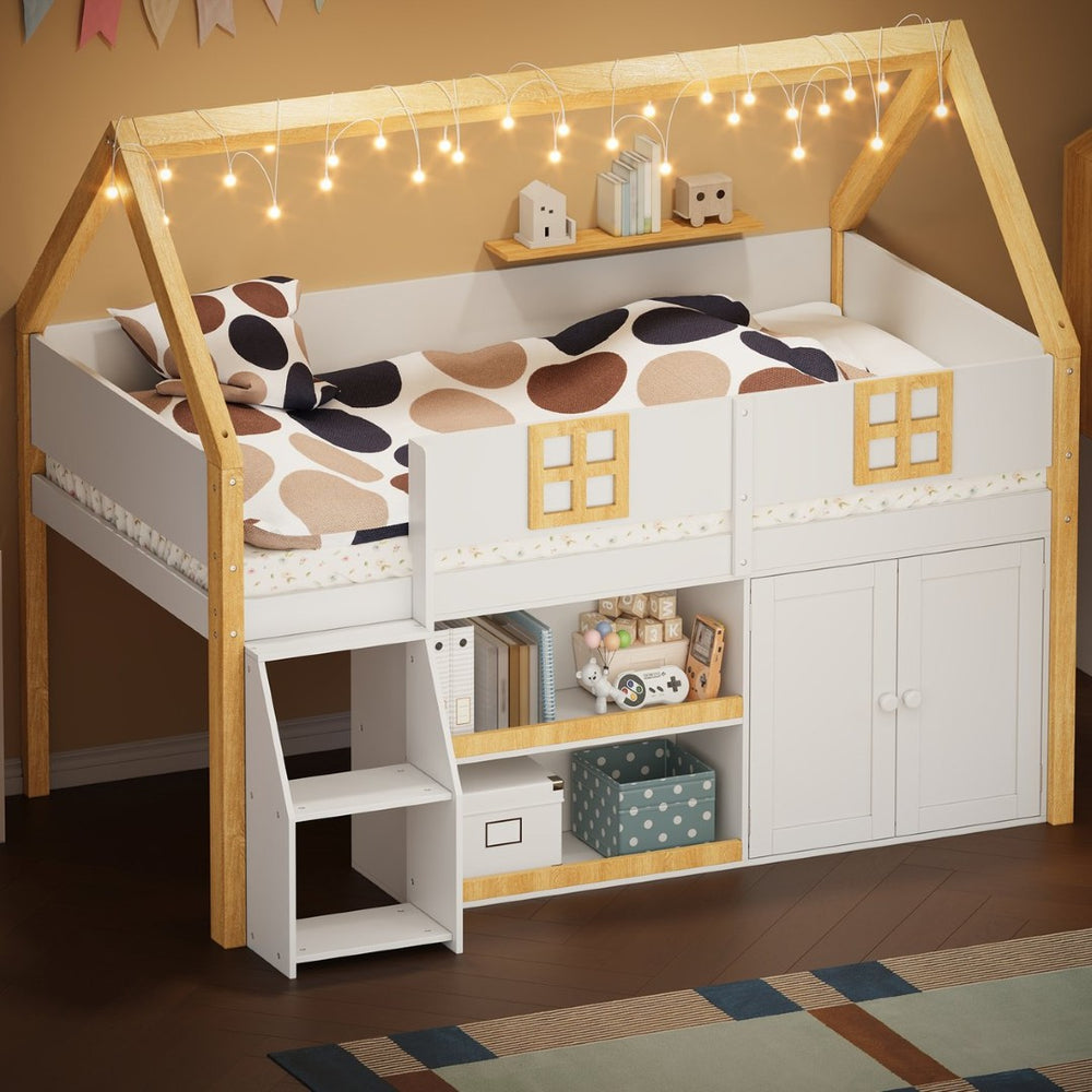 English Elm Twin-size Pine Low Loft Bed with House Canopy Step Stairs Storage Cabinet Led Lights N7090005033K