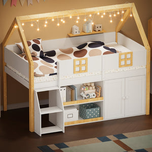English Elm Twin-size Pine Low Loft Bed with House Canopy Step Stairs Storage Cabinet Led Lights N7090005033K