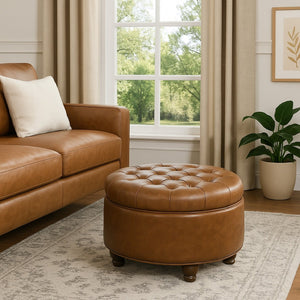English Elm Gery Round Tufted Storage Ottoman Faux Leather Lift Top Living Room Footrest Brown B056P416975