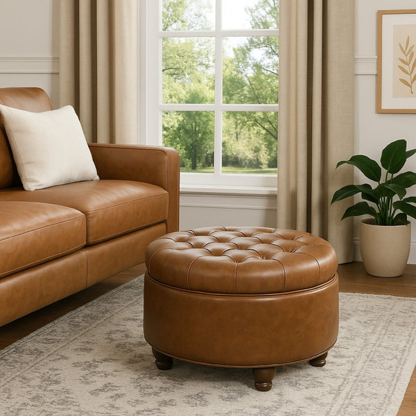 English Elm Gery Round Tufted Storage Ottoman Faux Leather Lift Top Living Room Footrest Brown B056P416975