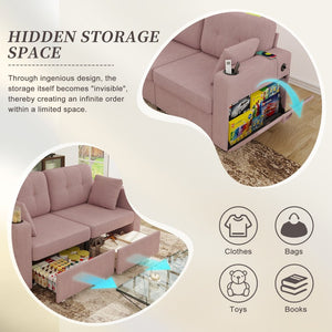 English Elm Sofas for Living Room Chenille Three Seat Couch with Usb Charging Storage and Cup Holder Pink W395S00147