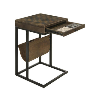 English Elm 1 Drawer Side Table with Leatherette Sling Tobacco Rustic Chessboard Top, Iron Frame, Drawer Storage B016P384808