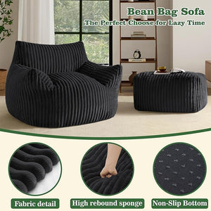 English Elm Curved Corduroy Suede Lounger with Ottoman Ergonomic Support for Modern Small Spaces Black W3737P423669
