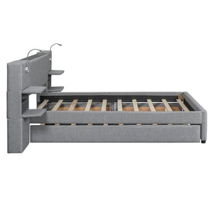 English Elm Queen Linen Upholstered Platform Bed with Storage Drawers, Trundle, Flip-Up Headboard & Lights Gray SF000187AAE