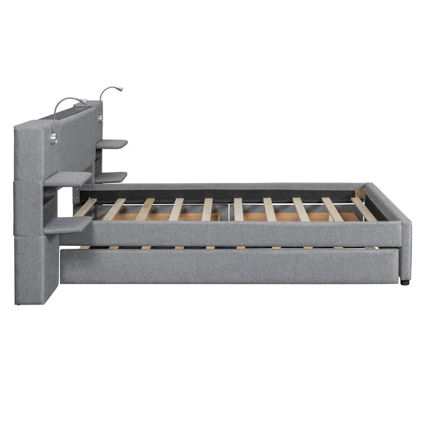 English Elm Queen Linen Upholstered Platform Bed with Storage Drawers, Trundle, Flip-Up Headboard & Lights Gray SF000187AAE