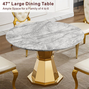English Elm 47" Round Marble Dining Table - Stylish High-Gloss Faux Marble Top & Gold Stainless Steel Base W3456S00033