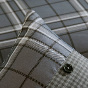 JLA Home Intelligent Design - Comforter with Grey & White Plaid, Tailored Pieced Foot and Button Accents, Antimicrobial Finish 90 L x 86 W x 1.5H ID10-176