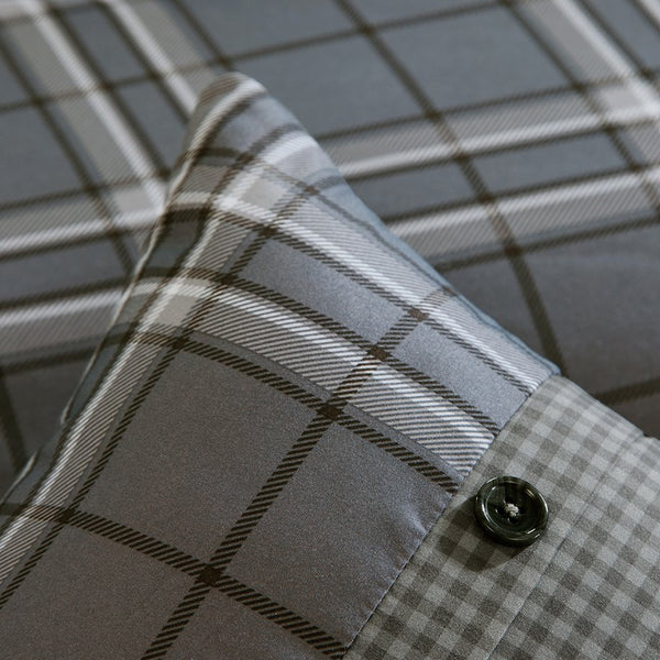 JLA Home Intelligent Design - Comforter with Grey & White Plaid, Tailored Pieced Foot and Button Accents, Antimicrobial Finish 90 L x 86 W x 1.5H ID10-176