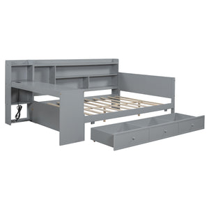 English Elm Full Size Wooden Daybed With 3 Storage Drawers, Built-In Desk & Usb Ports – Gray, Space-Saving Design N820S00018E