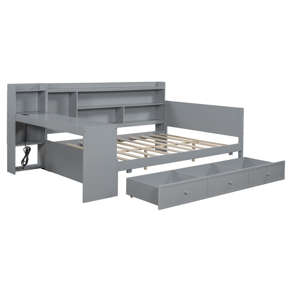 English Elm Full Size Wooden Daybed With 3 Storage Drawers, Built-In Desk & Usb Ports – Gray, Space-Saving Design N820S00018E