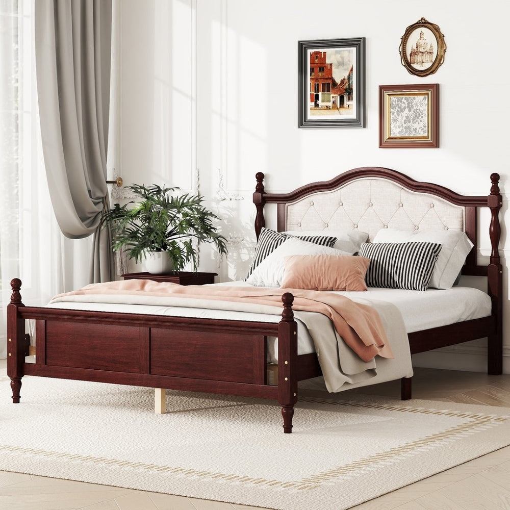 English Elm Queen Pine Wood Bed Upholstered Headboard Panel Footboard Classic Cherry Finish W504P181801