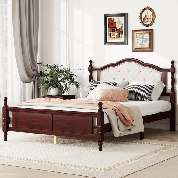 English Elm Queen Pine Wood Bed Upholstered Headboard Panel Footboard Classic Cherry Finish W504P181801