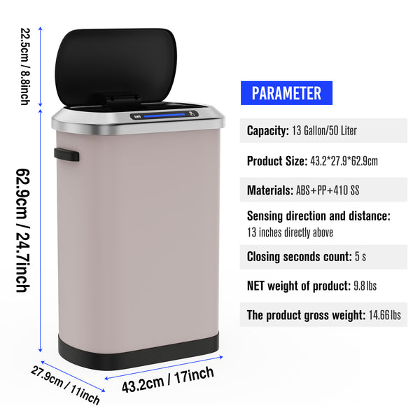 English Elm 50L Smart automatic Trash Can with Silent Slow-Close Lid, Motion Sensor, Durable 0.45mm Steel Body Pink W1550P247966