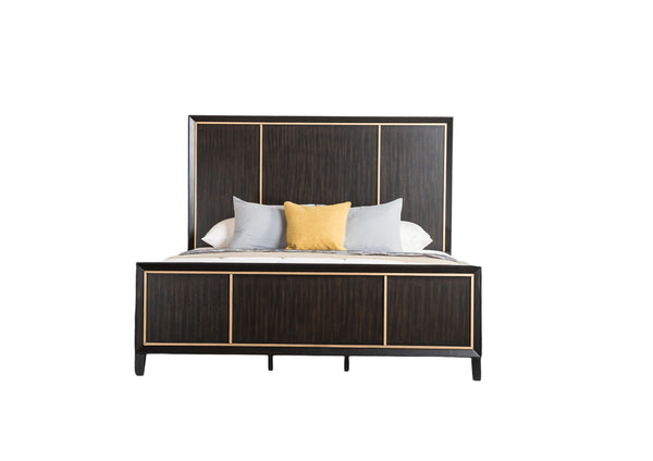 English Elm Bedroom Wooden Queen Bed with High Panel Headboard, Gold Trim Accent, Modern Luxury Design Espresso 25 L x 70 W x 5 H B2741S00072