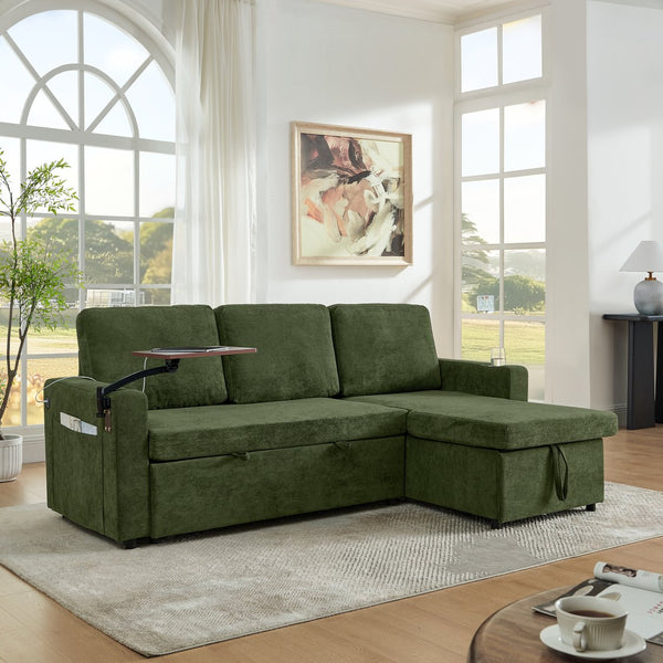 English Elm Modern Chenille Sofa Bed With Retractable Table, Led Lights, Usb Ports & Cup Holders – Green Comfort W1413S00097