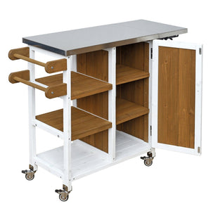 English Elm Foldable Outdoor Kitchen Cart with Stainless Worktop Fir Wood Frame and Lockable Wheels Brown+White N719P380281Z