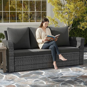English Elm 67.7" Outdoor Wicker Three Seat Sofa High Back Pe Frame Patio Lounge Furniture Black B082P455125