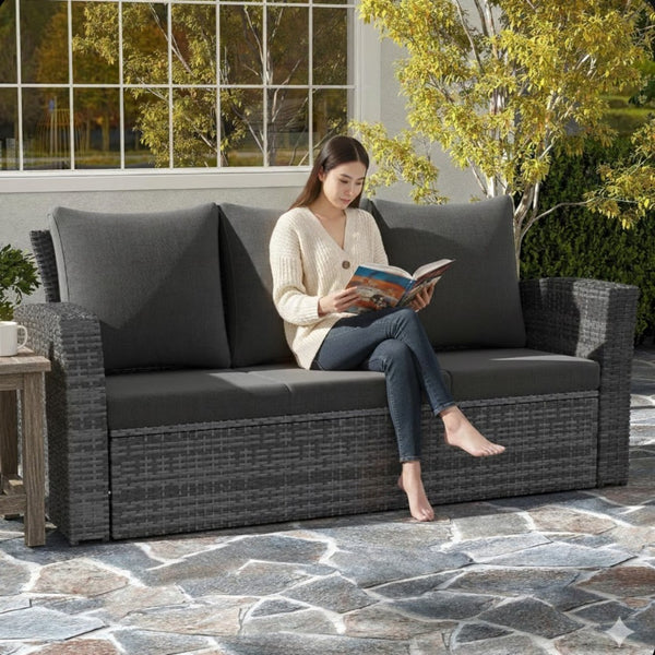 English Elm 67.7" Outdoor Wicker Three Seat Sofa High Back Pe Frame Patio Lounge Furniture Black B082P455125