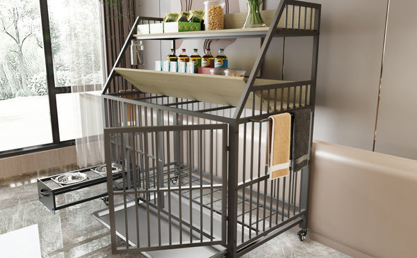 English Elm Large Pet Cage with Iron Frame Mdf Panels Storage Rack and Steel Feeding Basins Beige,Black W3064P245386