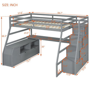 English Elm Full Size Kids Loft Bed with Integrated Desk Seven Drawers and Open Shelving Gray LT000649AAE
